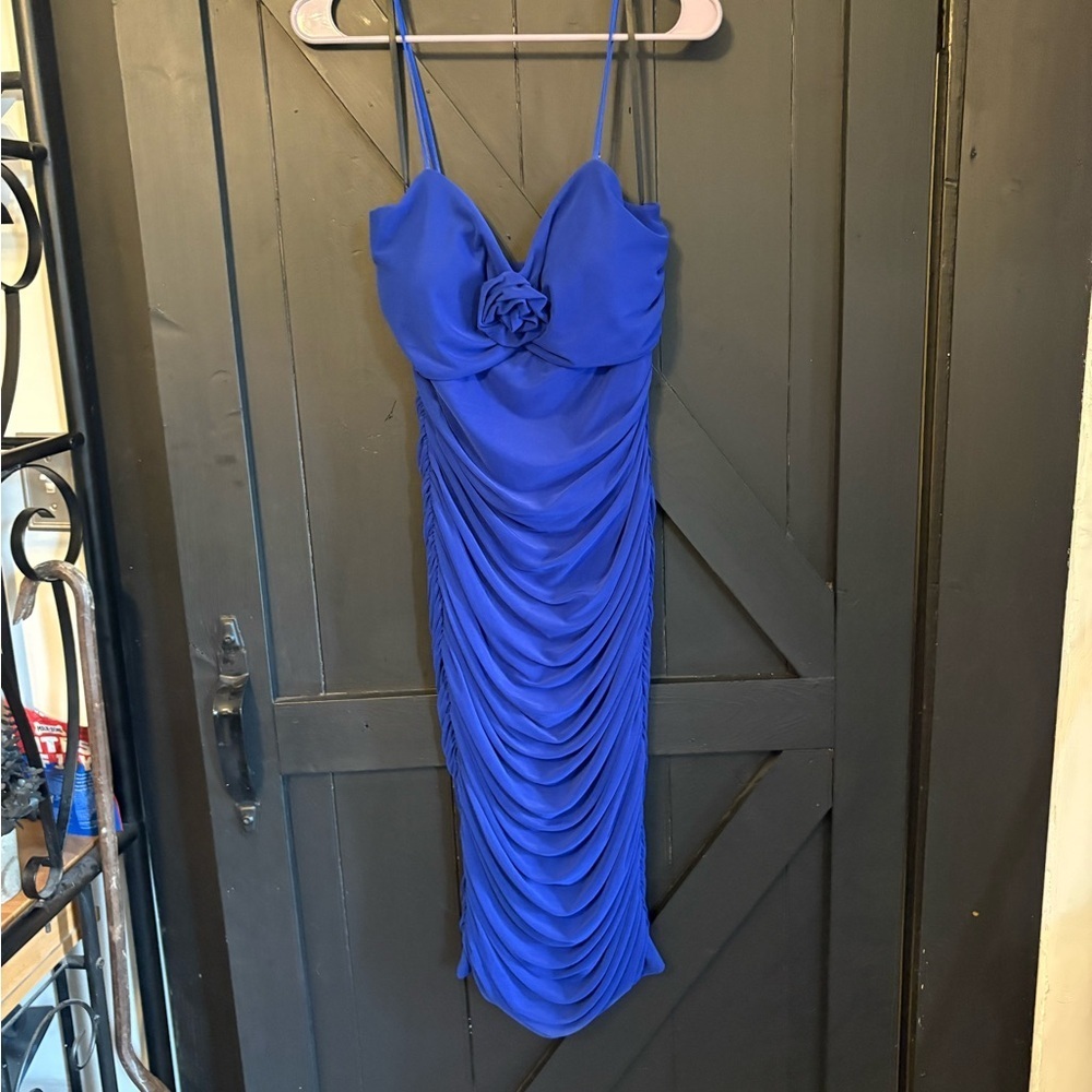 next Royal Blue Ruched Midi Dress with Spaghetti Straps